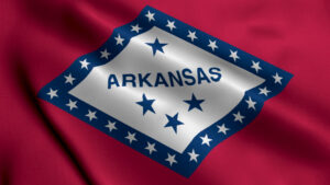 Arkansas State flag waving satin texture